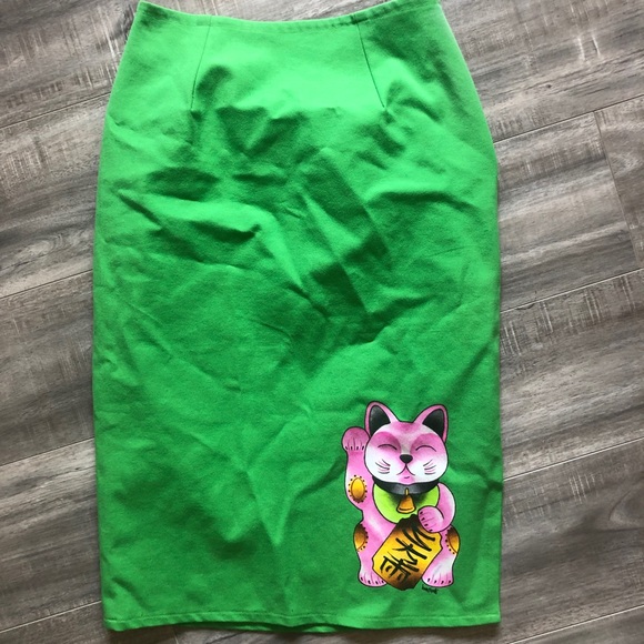 Mode Merr green lucky cat pinup pencil skirt - Picture 1 of 6